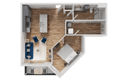 Floor plan for 1 bed, 1 bath, 765 sqft